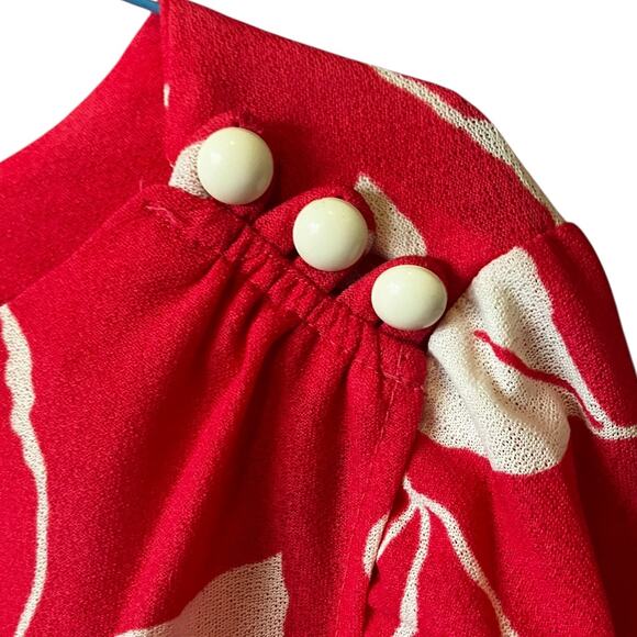 Vintage Craig Byron NY Pink Leaf Print Silky Midi Dress w/ Button Shoulder M - Picture 3 of 8